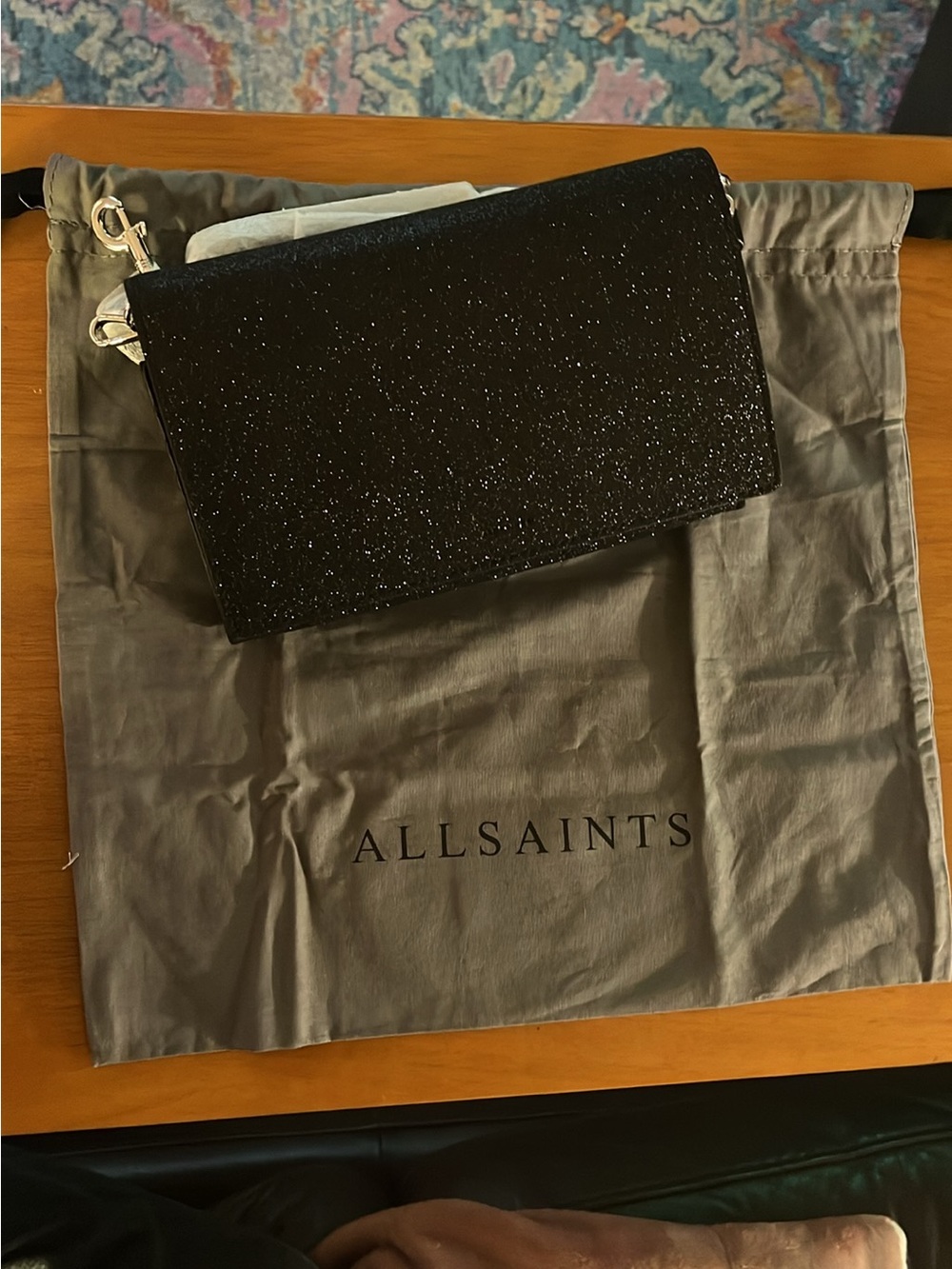 AllSaints Black Glitter Wristlet Clutch with Detachable Strap